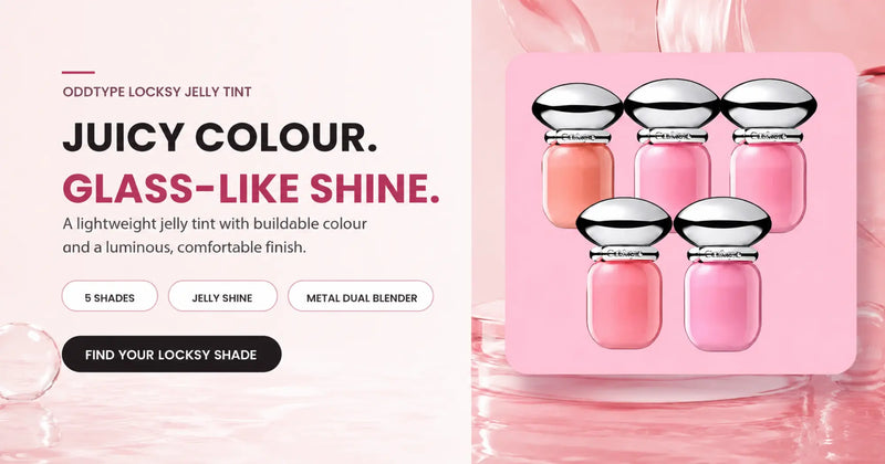 Five ODDTYPE Locksy Jelly Tint shades beside the headline “Juicy Colour. Glass-Like Shine.”