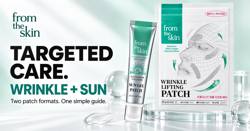 FROM THE SKIN Wrinkle Lifting Patch pouch and Glutathione Collagen Sun Gel Patch tube in silver, white and emerald