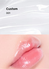 Close-up of glossy pink lip color swatch labeled 'Custom 001' on a white background.