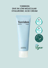 Torriden cream tube with branding and product details on a light blue background