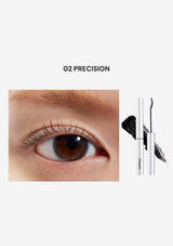 Eyelash close-up with '02 Precision' text and a mascara tube on a white background