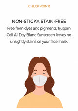 BLANC DUBU sunscreen panel describing a non-sticky, stain-free finish for mask wear