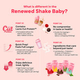 Promotional graphic for a protein shake product with features listed on a pink background.