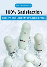 Varol skincare products with text about serum and braces, elasticity of pores, and 100% satisfaction guarantee.