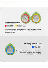 An informational graphic showing two LED device views on a light gray background, labeled 'Warm Mode ON' with red and yellow LEDs and 'Heating Mode OFF' with a blue LED. Text describes skincare benefits, and the image appears to explain the product's lighting modes rather than present a clean product-only hero shot.