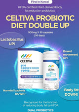 Promotional graphic for CELTIVA Probiotic Diet Double Up, showing two white supplement bottles with blue and green branding on a purple background with Korean text and benefit callouts.