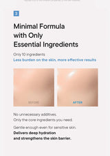 Advertisement for a skincare product with 'Before' and 'After' skin comparison on a white background.