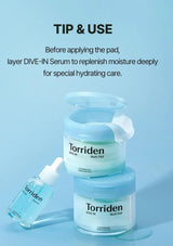 Torriden skincare products on a light blue background with text about using the DIVE-IN Serum.
