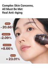 Woman using a skincare device with text on anti-aging benefits on a white background