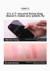 Hand holding a phone with a timer and makeup swatches below, promoting a 7-second fixing product.