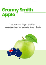 Green Granny Smith apple with a leaf on a white background, featuring text about the apple's origin.