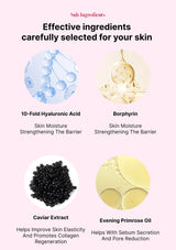 Product ingredients with images and text on a pink background