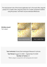 Testimonial from Korea Dermatological Research Institute showing wrinkles before and after using a product for 4 weeks.