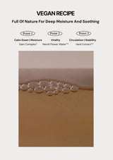 Vegan skincare product with bubbles and a gradient background, featuring text about product benefits.