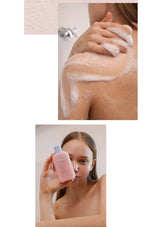 Product description text with a strawberry sorbet texture and white strawberry water focus on moisturizing and exfoliating skin.