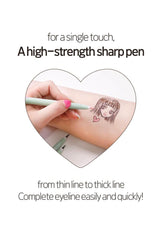 High-strength sharp pen being used to draw a tattoo-like design on skin with text highlighting its features.