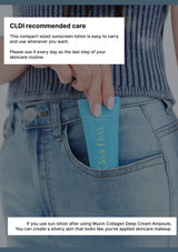 A person wearing a ribbed navy top and blue jeans holds a compact tube of Clear Dea sunscreen in their hand and pockets. Text overlays describe CLDI recommended care and usage instructions.