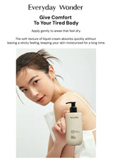 Woman holding a bottle of skincare product with text about comfort and moisturization.