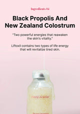 Product packaging with text about black propolis and New Zealand colostrum on a pink background