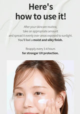 Skincare product usage instructions with a woman applying cream to her face.