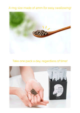 Promotional image of a product with text about a ring size made of 4mm for easy swallowing, and instructions to take one pack a day.