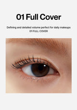 Close-up of an eye with long, thick eyelashes on a beige background, labeled '01 Full Cover'.