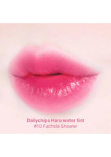 Close-up of pink lips with Dailychips Haru water tint #10 Fuchsia Shower text.