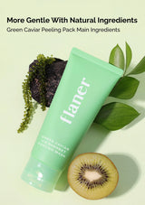Green caviar peeling pack with flaner branding, surrounded by green leaves and a kiwi fruit on a light green background.