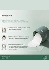 Instructions on how to use a skincare product with a green container and cotton pad on a light gray background.