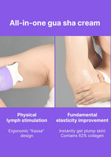 All-in-one gua sha cream with before and after effects on skin, purple banner with text.