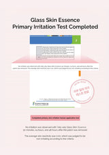 Glass Skin Essence primary irritation test completed document with certification logos.