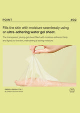 Hand holding a transparent gel sheet with text about moisture and adhesion on a yellow background