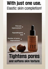 Cosmetic dropper bottle with text highlighting skin improvement benefits on a neutral background