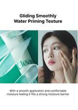 Promotional graphic for a skincare priming cream showing the text 'Gliding Smoothly Water Priming Texture' at the top and 'With a smooth application and comfortable moisture feeling It fills a strong moisture barrier' at the bottom. The center features a split image: on the left, a close-up of a white and green Clearing Cream tube with a brush stroke texture overlay; on the right, a woman applying cream to her cheek.