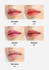 Lipstick color swatches labeled 'Someday', 'Vibe', 'Beyond', 'Bambam', and 'Odd sense' on a white background.