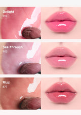 Collage of lip gloss swatches with close-up views on lips and skin.