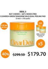 ClearDea Green Tangerine Mild Dual Peeling Pad packaging with promotional text on a white background