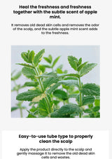 Product description with text about apple mint and scalp care, featuring a close-up of apple mint leaves.