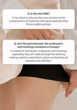 Close-up of a person wearing black stockings with text overlays about size and seamlessness.