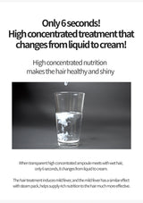 Glass of liquid with text about a high-concentrated hair treatment changing from liquid to cream.