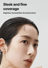 Close-up of a person with sleek and fine coverage text overlay on a light gray background