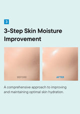 Before and after comparison of skin moisture improvement with text on a light blue background