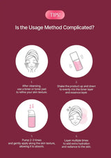 A maroon informational graphic with the heading 'TIPS!' and the question 'Is the Usage Method Complicated?' showing four illustrated steps for applying a pink skincare toner or essence. The steps include cleansing, shaking the product, pumping it onto the skin, and layering multiple times.