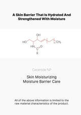 A white informational graphic with black text reading 'A Skin Barrier That Is Hydrated And Strengthened With Moisture,' a chemical structure diagram, 'Ceramide NP,' 'Skin Moisturizing Moisture Barrier Care,' and a disclaimer about raw material characteristics.