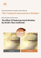 Advertisement for a facial wrinkle reduction product showing before and after effects.