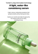 Torriden serum bottle with text about its unique formulation technology on a light green background