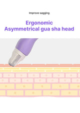 Ergonomic asymmetrical gua sha tool on a white background with text indicating its use for improving sagging.