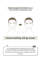 Illustration of a person with text about chewy mugwort rice cake texture and facial swelling relief.