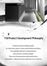 Product development philosophy text overlay on a geometric design background