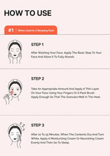 Instructions on how to use a skincare product as a sleeping pack with step-by-step illustrations.